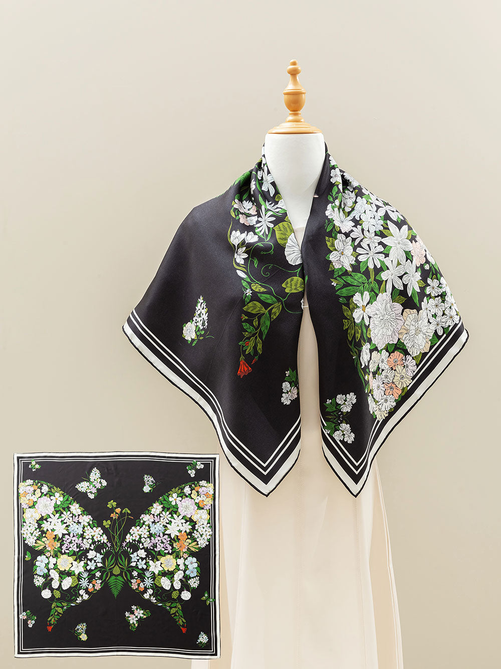 T920-1 Black Butterfly Print Silk Twill Square Scarf