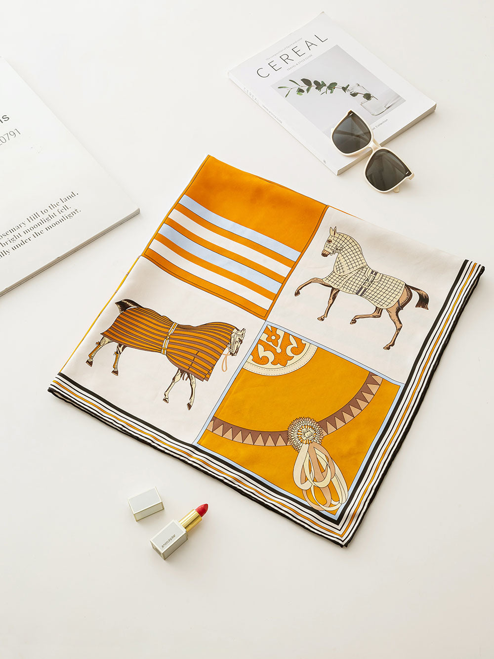 D908 English Horse Silk Twill Square Scarf