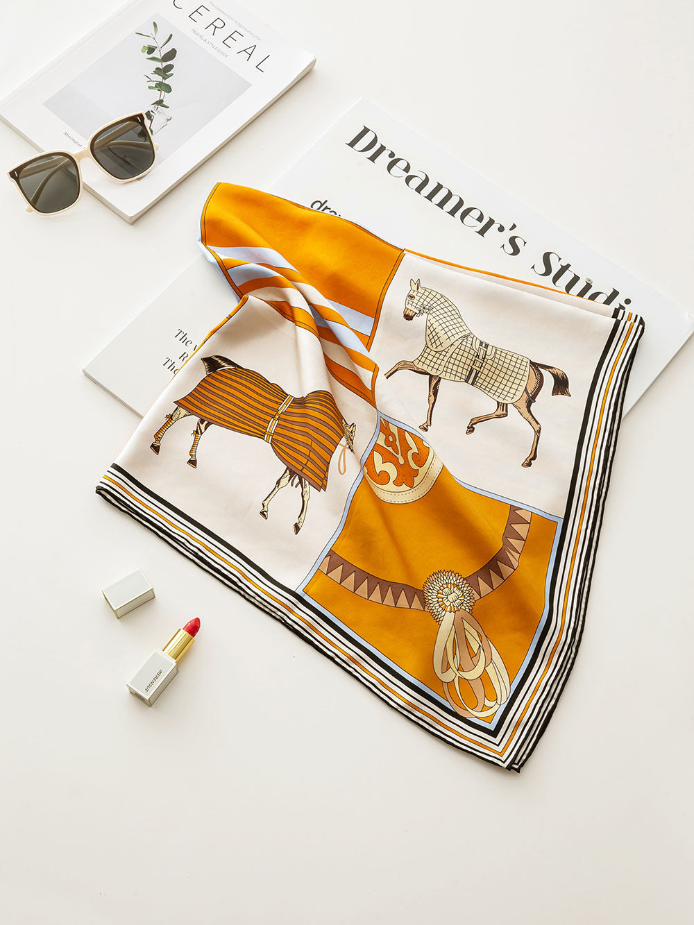 D908 English Horse Silk Twill Square Scarf