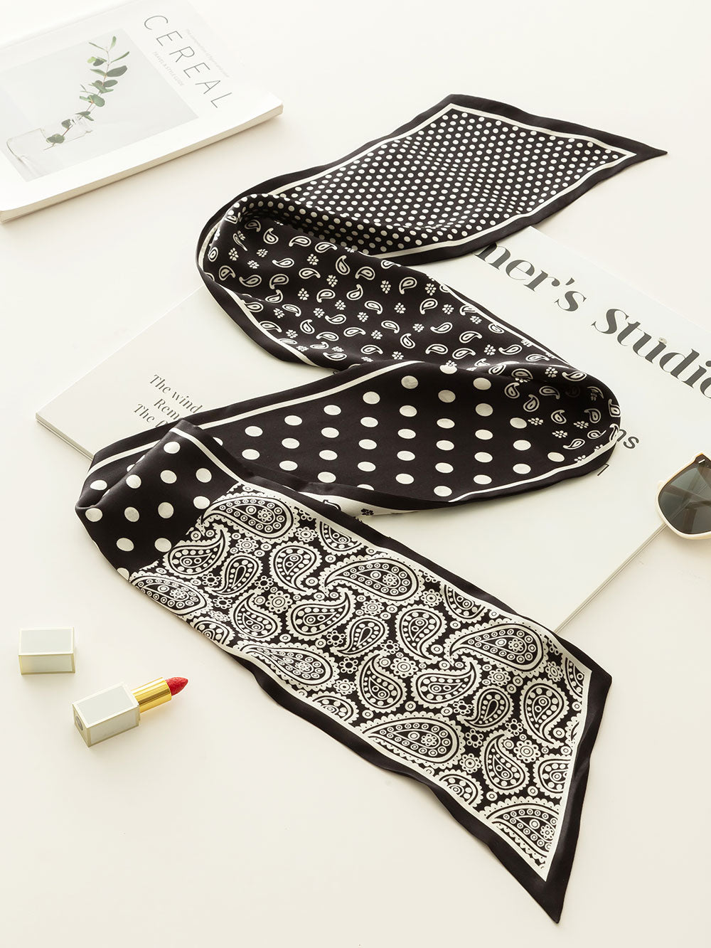 ZSCJ108 Black Cashew Polka Dot Silk Scarf