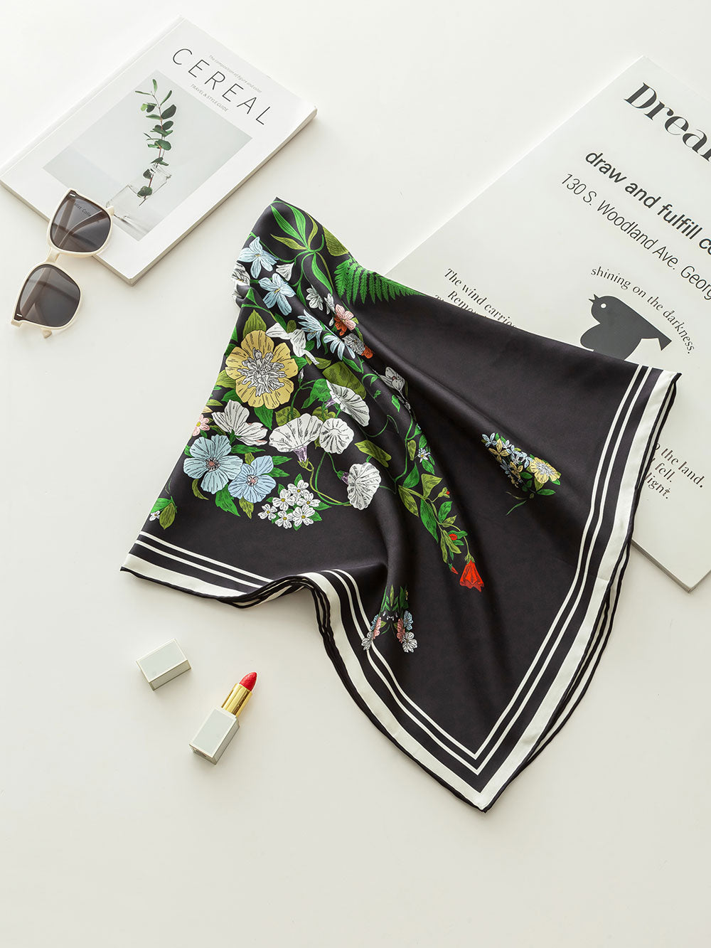T920-1 Black Butterfly Print Silk Twill Square Scarf
