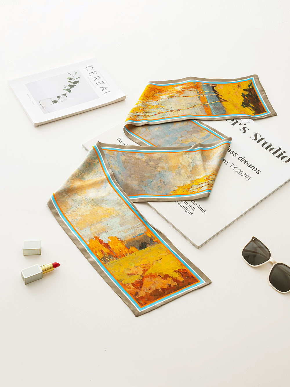 ZSCJ08-1 Oil Painting Silk Double Layer Wide And Narrow Scarf